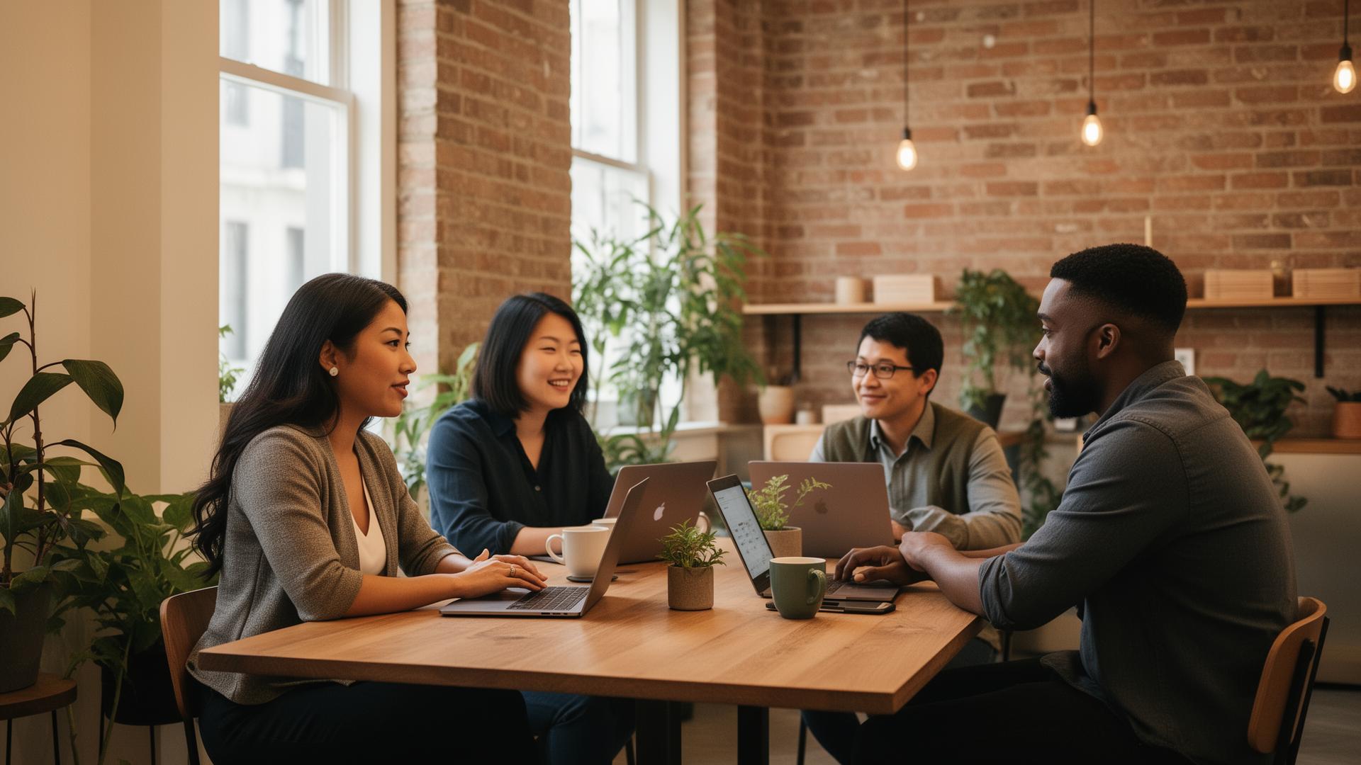 Diverse Bay Area entrepreneurs meeting around a wooden table in a sunlit San Francisco café