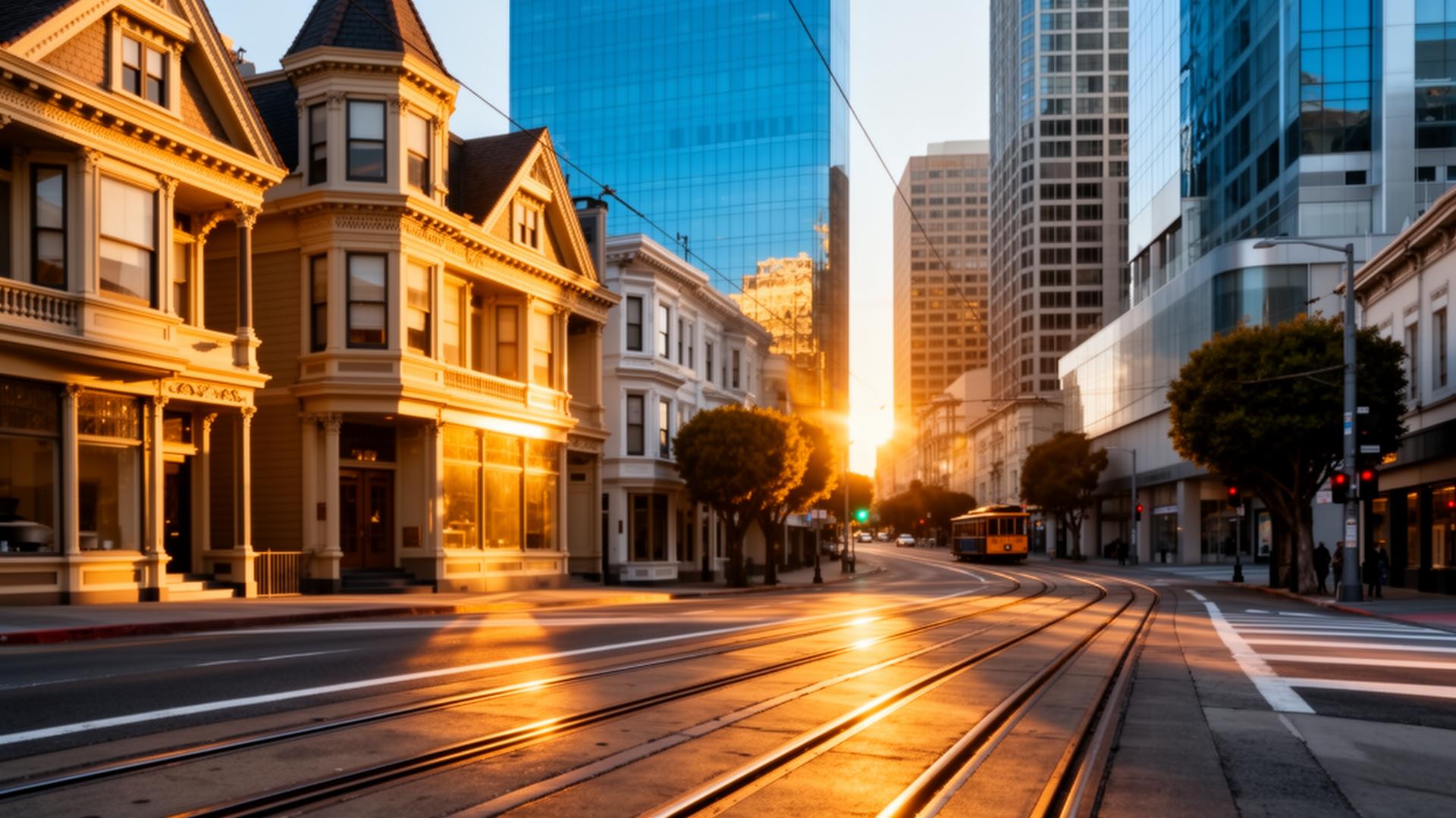 San Francisco neighborhood street at golden hour with Victorian rowhouses and the downtown skyline in the distance